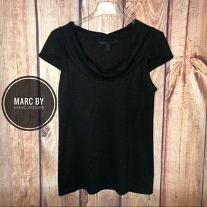 Marc by Marc Jacobs Black Metallic Glitter Cap Sleeve Cowl Neck Top